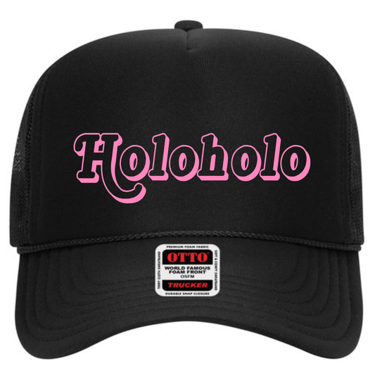 Black trucker cap with pink "holoholo" text on the front panel of the hat