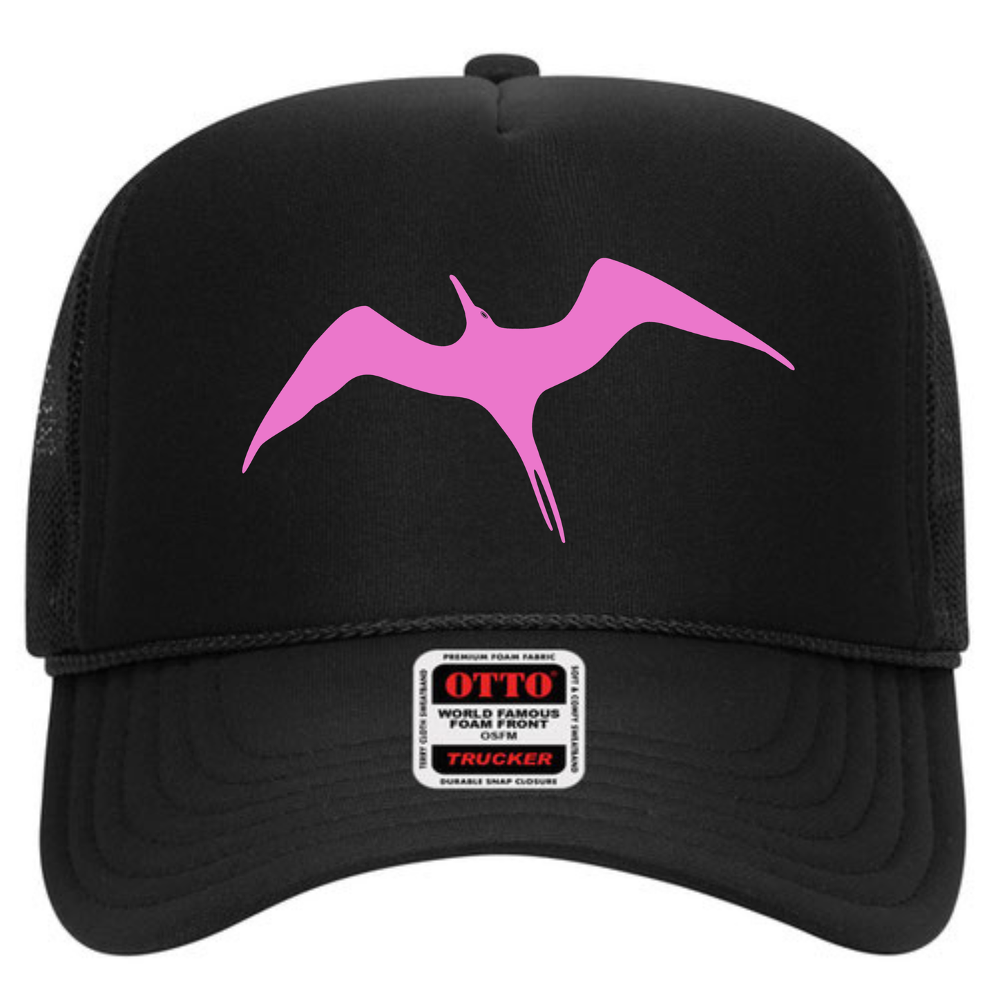 Black Otto brand trucker hat with sun dot marine iwa bird design on front panel of hat