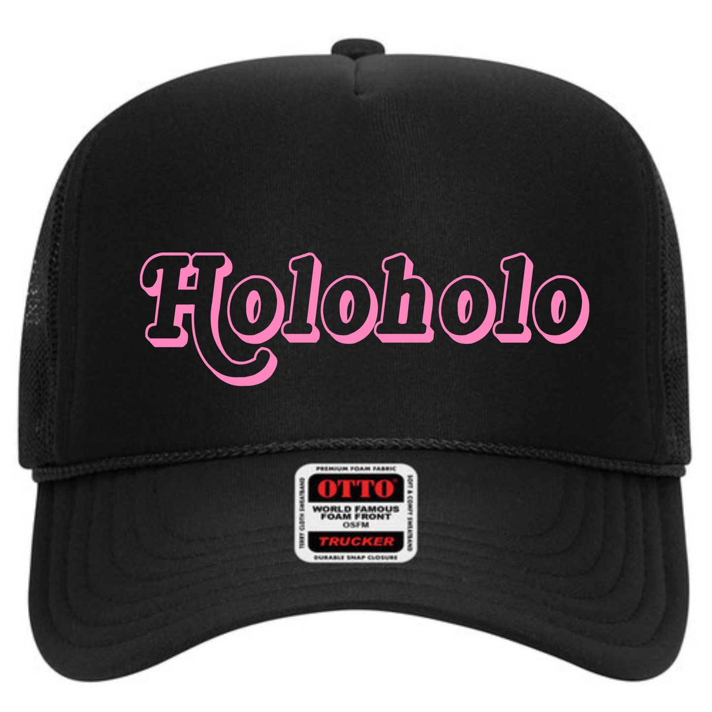 Black trucker cap with pink "holoholo" text on the front panel of the hat