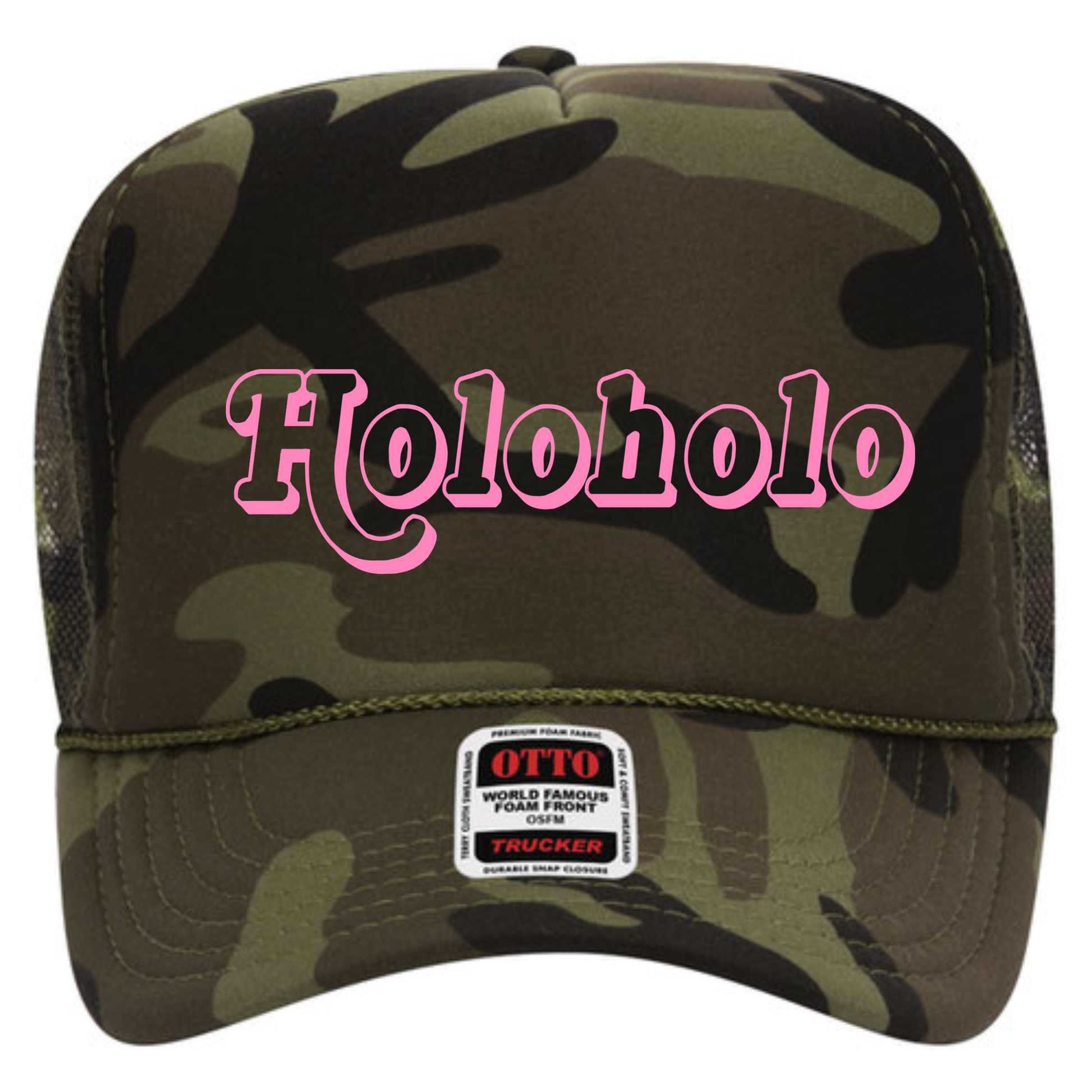 Camouflage Otto brand trucker hat with pink 'Holoholo' text on the front panel of the hat