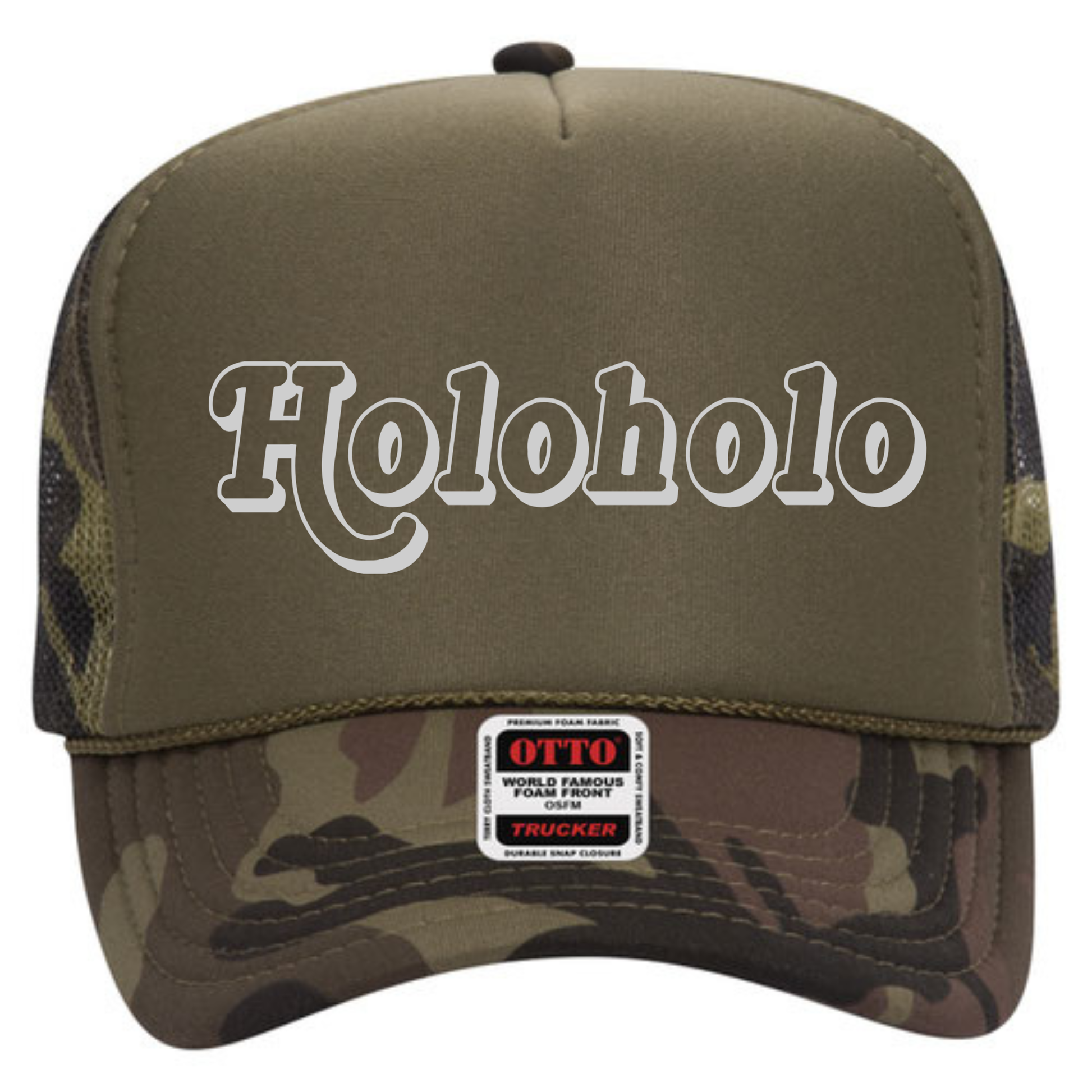 Camouflage / olive green Otto brand trucker hat with 'Holoholo' text on front panel of hat