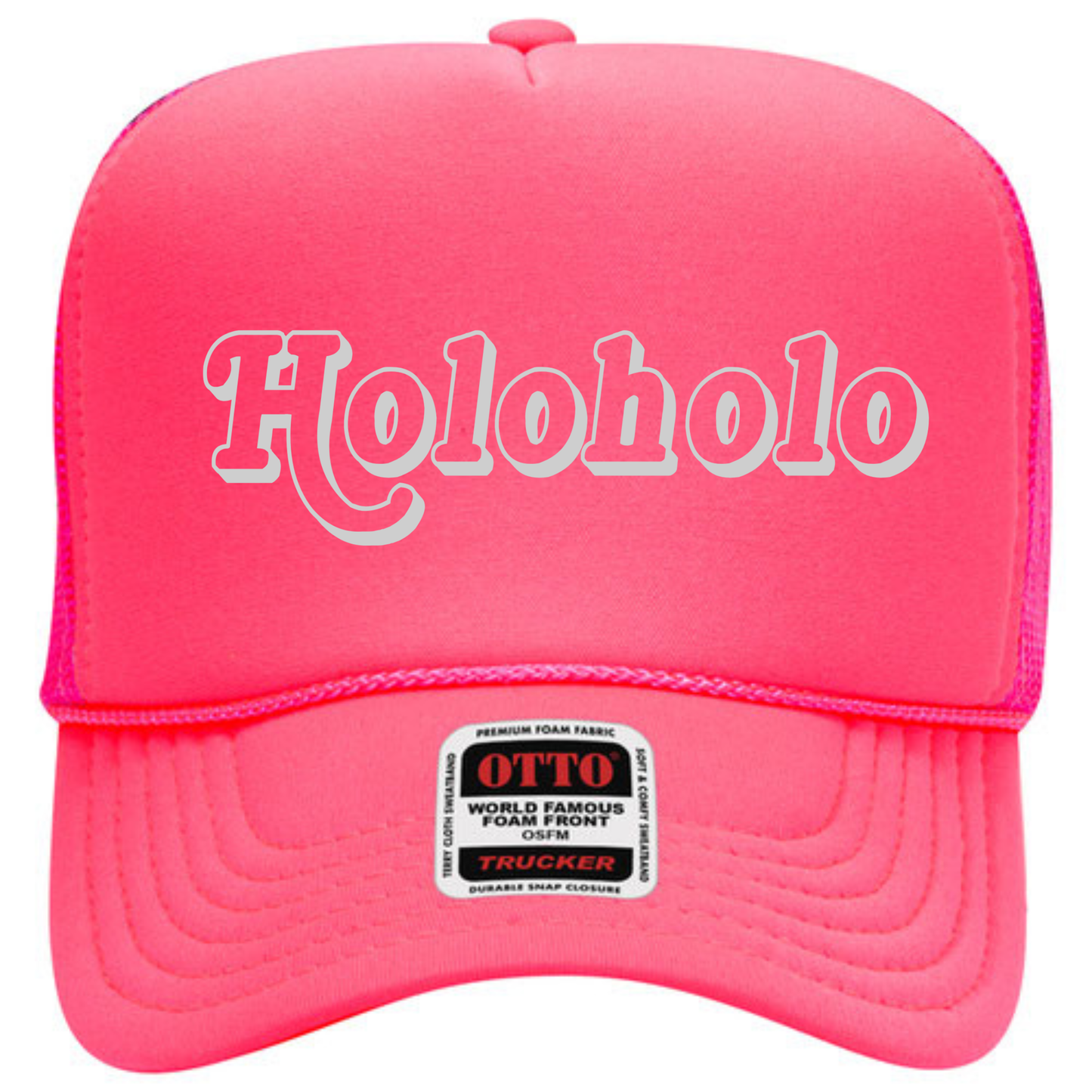 Pink Otto brand trucker hat with white "holoholo" text on the front panel of hat
