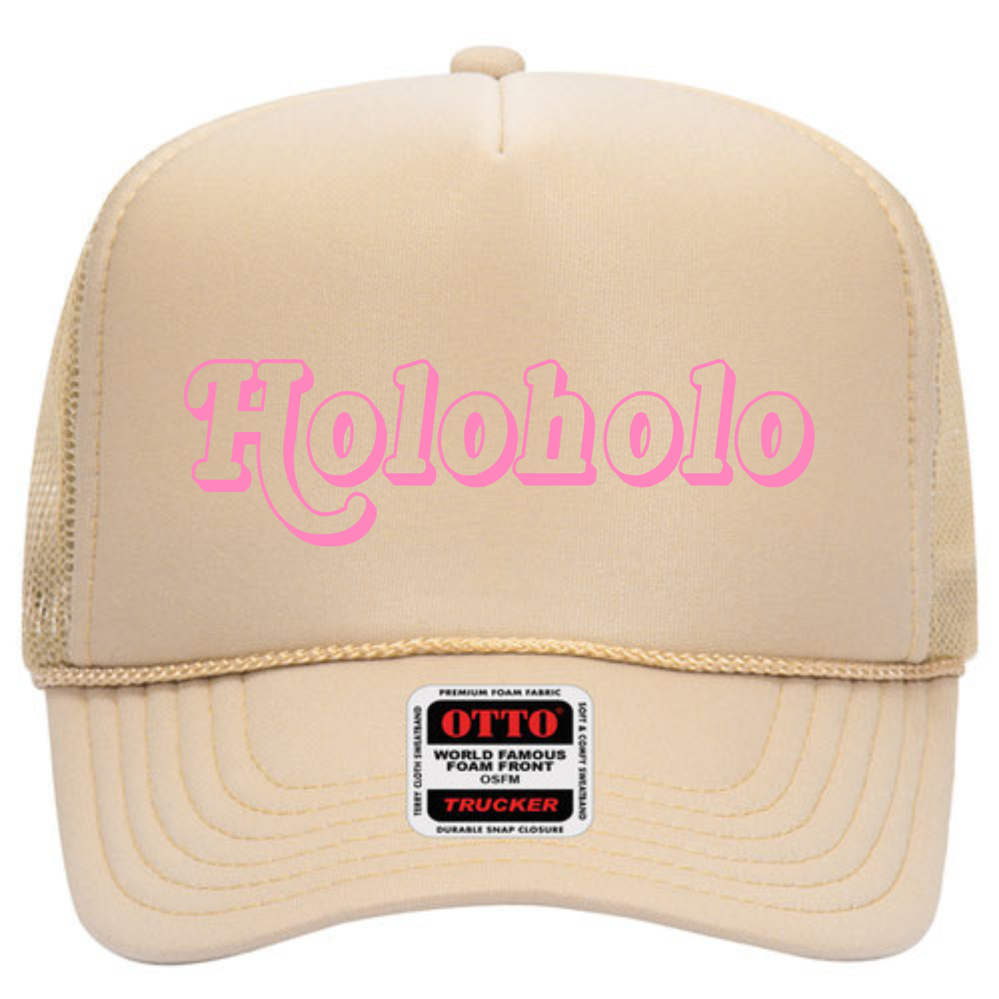 Tan/Beige Otto Brand trucker hat with pink "holoholo" text on the front panel of the hat
