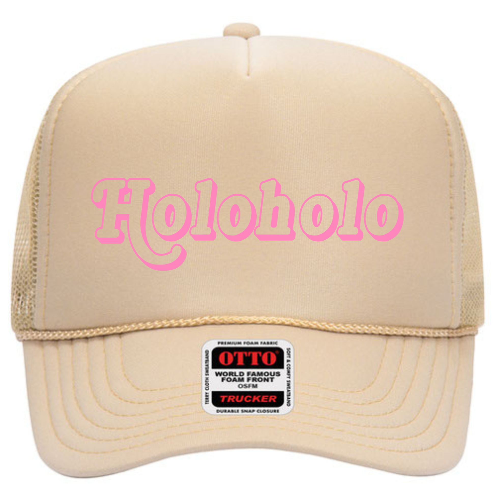 Tan/Beige Otto Brand trucker hat with pink "holoholo" text on the front panel of the hat