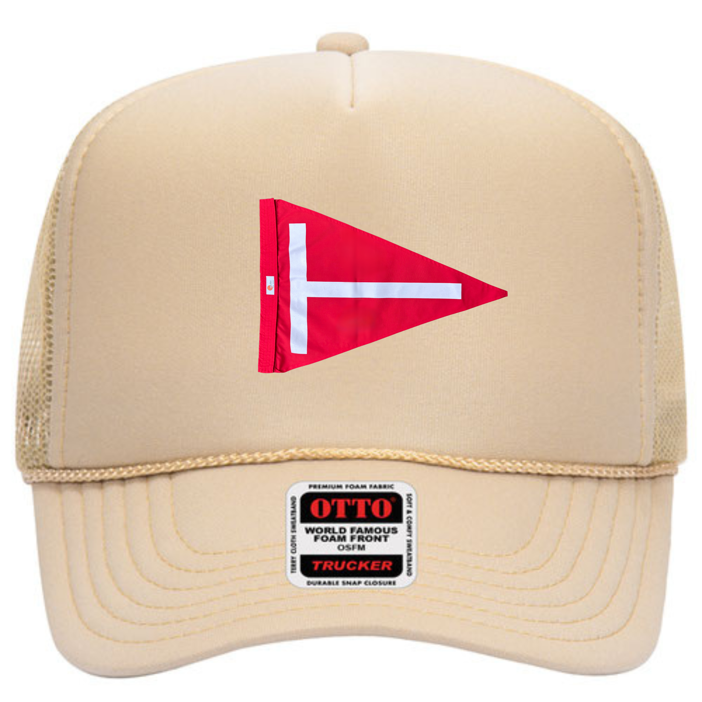Beige otto cap with red sun dot marine tag and release flag printed on front panel