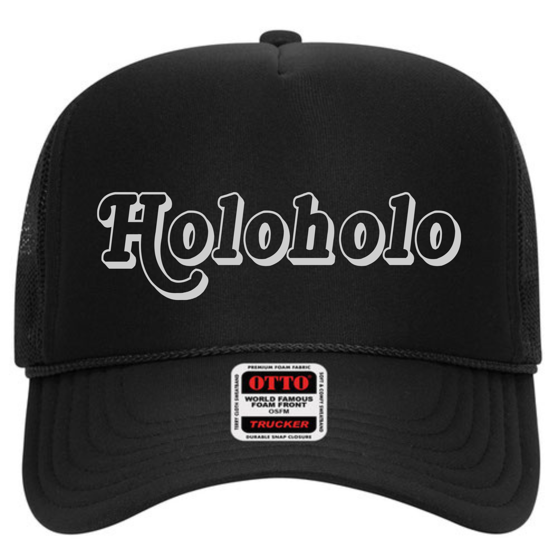 Black Otto brand trucker hat with white sun dot marine design on front panel of hat