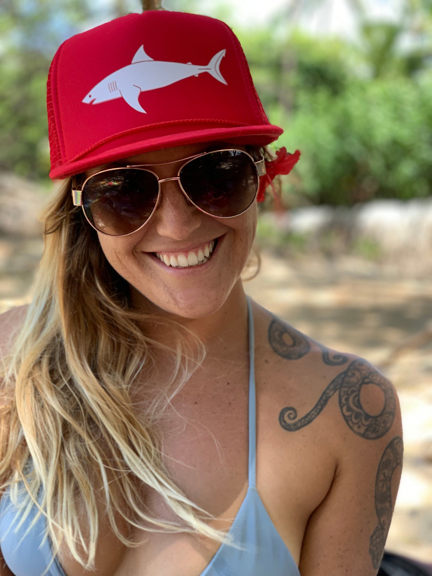 sun dot marine flags shark trucker hat on amy 