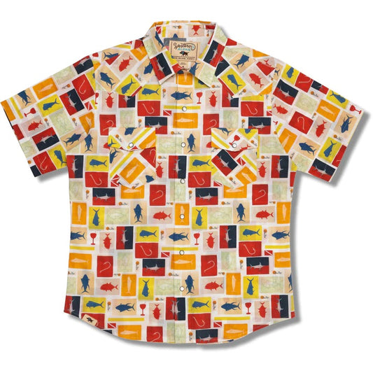 Western Aloha and Sun Dot collaboration Men's Paniolo-style aloha shirt featuring our old vintage fish flags on a button down collared short sleeve shirt