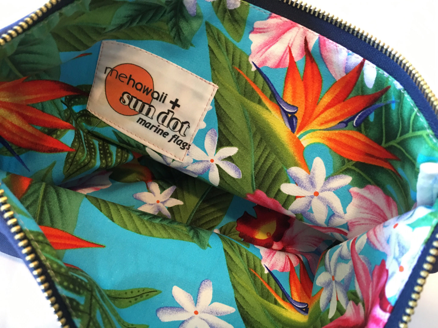 Sundot Marine Flag pouch lining Hawaiian print bird of paradise fabric